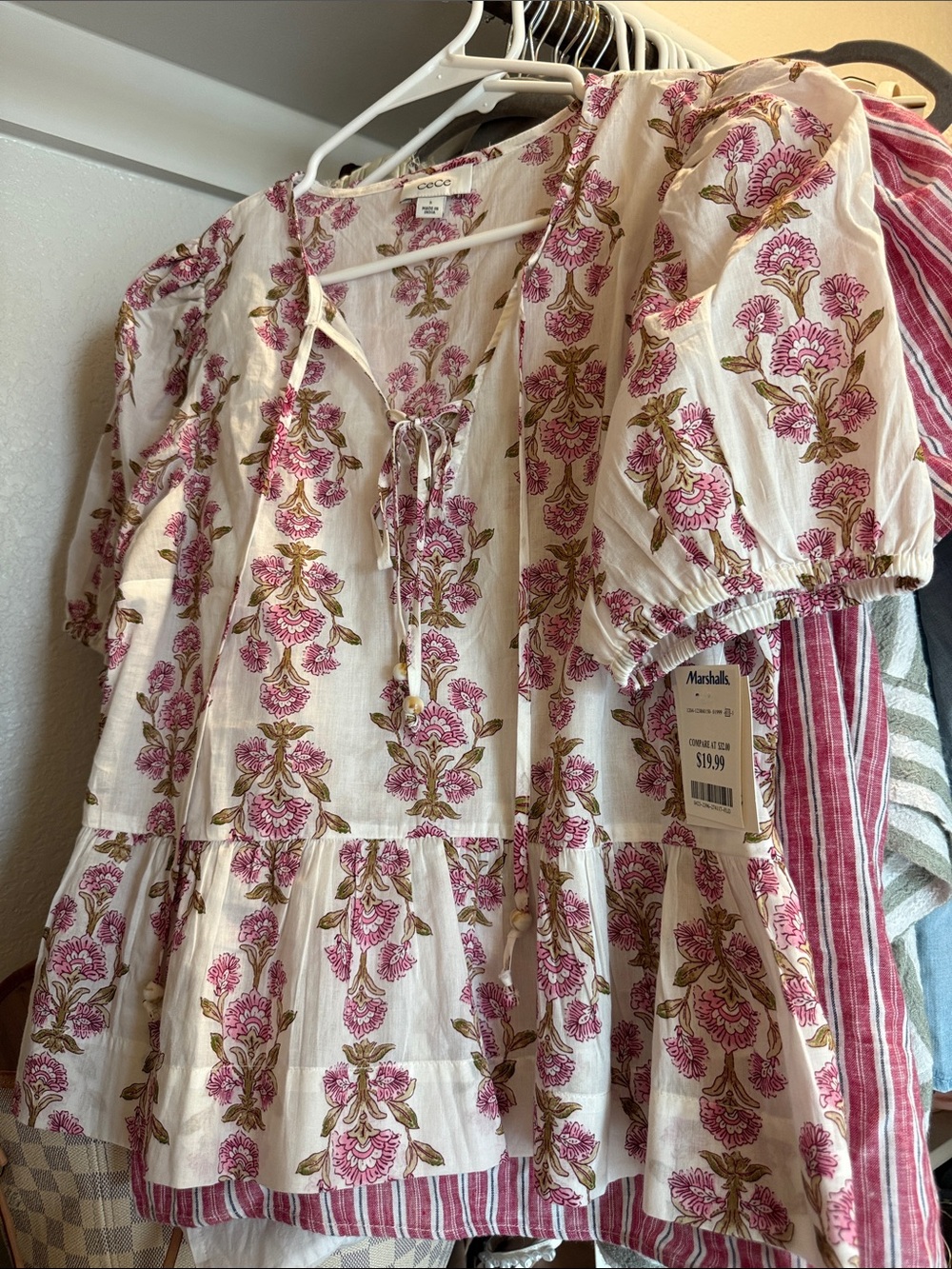 CeCe White Dress with Pink Floral Print and Tie Front